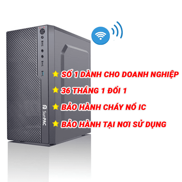 Máy tính để bàn Sunpac Mini Tower I3814MTW Wifi Bộ VXL Intel Coffeelake Core i3 8100 3.6Ghz-6Mb Box/ RAM 4Gb/ HDD 1Tb/ Wifi 150Mbps + Realtek® RTL8111H/ 1 x Gigabit LAN/ VGA onboard/ Dos