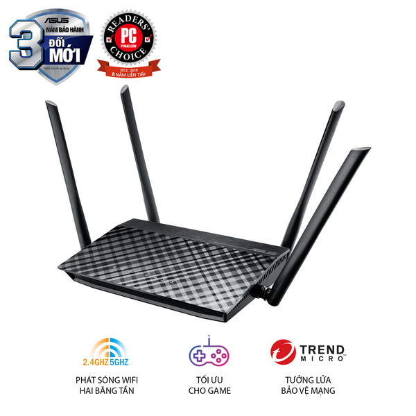 Bộ phát wifi Asus RT-AC1200 AC1200Mbps (2 băng tần chuẩn AC1200 (2.4Ghz:300Mbps+ 5GHz: 867Mbps)/ 4 ăng-ten rời 5dBi. Cổng: 4 port x 10/ 100Lan/ 1 port x 10/ 100 Wan/ 1 x USb 2.0)