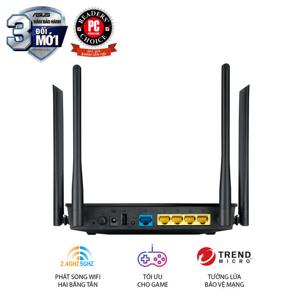 Bộ phát wifi Asus RT-AC1200 AC1200Mbps (2 băng tần chuẩn AC1200 (2.4Ghz:300Mbps+ 5GHz: 867Mbps)/ 4 ăng-ten rời 5dBi. Cổng: 4 port x 10/ 100Lan/ 1 port x 10/ 100 Wan/ 1 x USb 2.0)