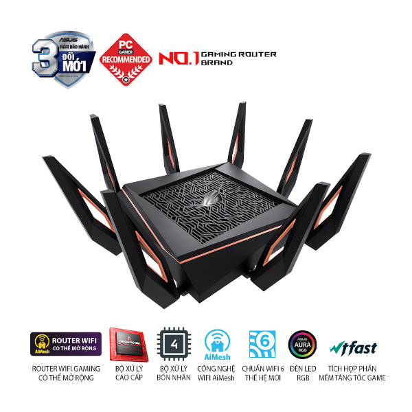 Bộ phát wifi 6 Asus ROG Rapture Gaming GT-AX11000 (Chuẩn AX/ AX11000Mbps/ 8 Ăng-ten ngoài/ Wifi Mesh/ 55 User)