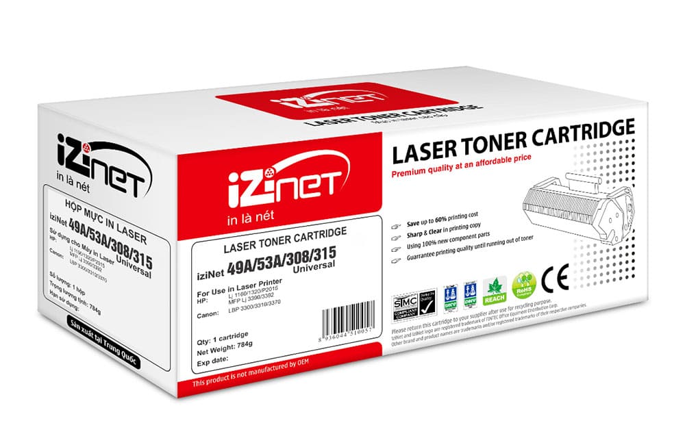 Mực hộp máy in laser iziNet 49A/53A/308/315 - Dùng cho máy in HP Lj 1160/1320/P2015. HP MFP Lj 3390/3392. Canon  LBP 3300/3310/3370