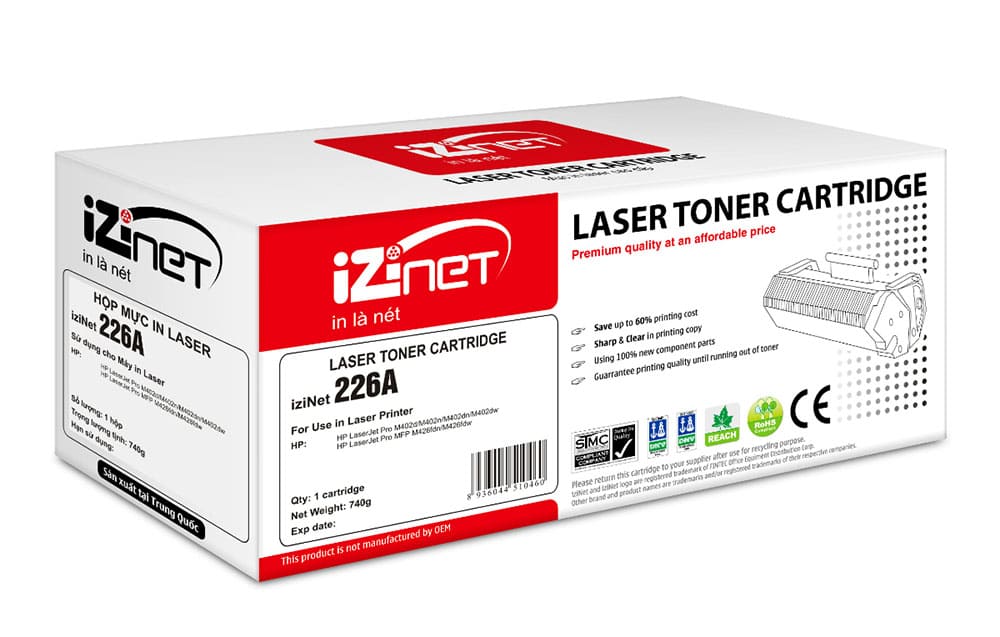 Mực hộp máy in laser iziNet 226A- Dùng cho máy in HP LaserJet Pro M402d/M402n/M402dn/M402dw. HP LaserJet Pro MFP M426fdn/M426fdw