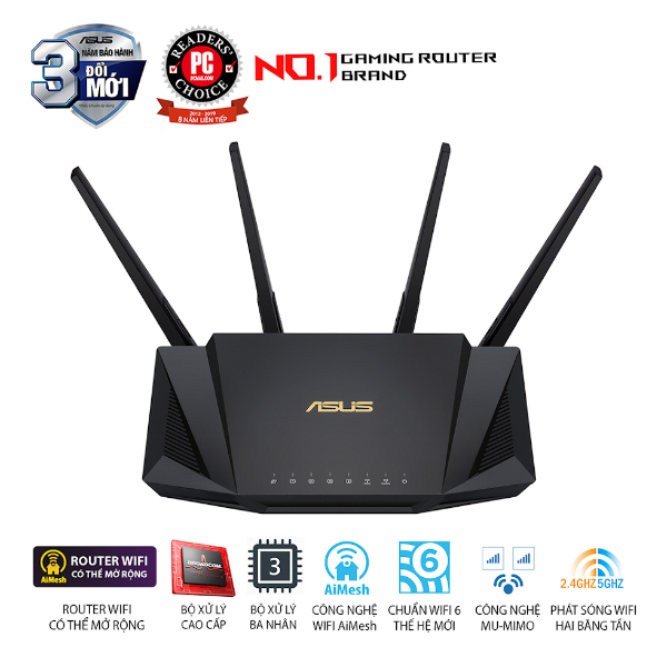 Bộ phát wifi 6 Asus RT-AX3000 (Chuẩn AX/ AX3000Mbps/ 4 Ăng-ten ngoài/ Wifi Mesh/ 45User)