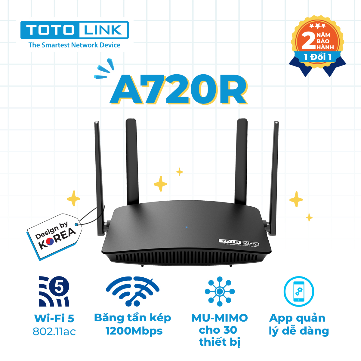 Bộ phát wifi Totolink A720R (Chuẩn AC/ AC1200Mbps/ 4 Ăng-ten ngoài/ 25 User)