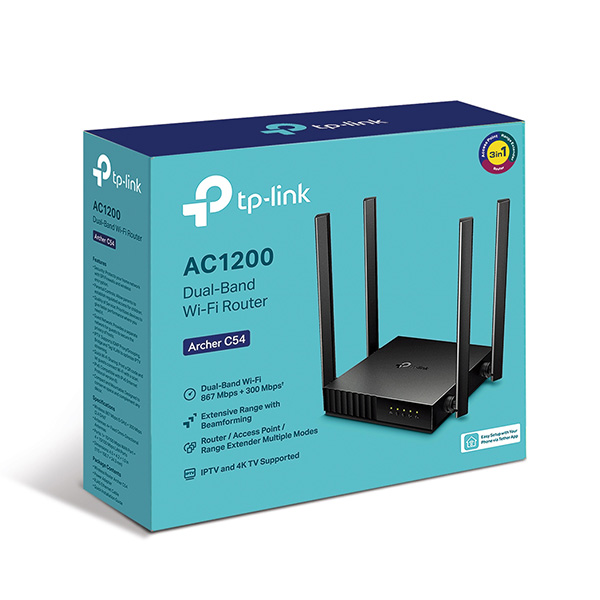 Bộ phát wifi TP-Link Archer C54 (Chuẩn AC/ AC1200Mbps/ 4 Ăng-ten ngoài/ 25 User)