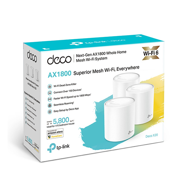 Bộ phát wifi 6 TP-Link Deco X20 3-Pack (Chuẩn AX/ AX1800Mbps/ 2 Ăng-ten ngầm/ Wifi Mesh/ Dưới 100 User)