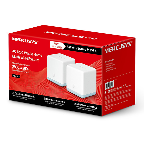 Bộ phát wifi Mercusys Mesh Halo S12 2-Pack AC1200 (AC1200 Whole Home Mesh Wi-Fi System/ SPEED: 300 Mbps at 2.4 GHz + 867 Mbps at 5 GHz/ SPEC: 4× Internal Antennas/ 2× 10/ 100 Mbps Ports per Unit)