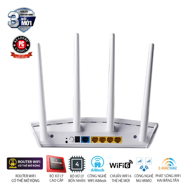 Bộ phát wifi 6 Asus RT-AX55 Màu trắng (Chuẩn AX/ AX1800Mbps/ 4 Ăng-ten ngoài/ Wifi Mesh/ 35 User)