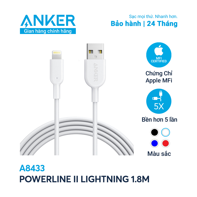 Cáp sạc ANKER Powerline II Lightning 1.8m-A8433 Trắng