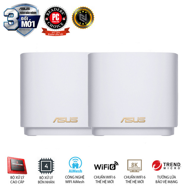 Bộ phát wifi 6 Asus ZenWiFi XD4 2-Pack màu trắng (Chuẩn AX/ AX1800Mbps/ Wifi Mesh/ 45User)