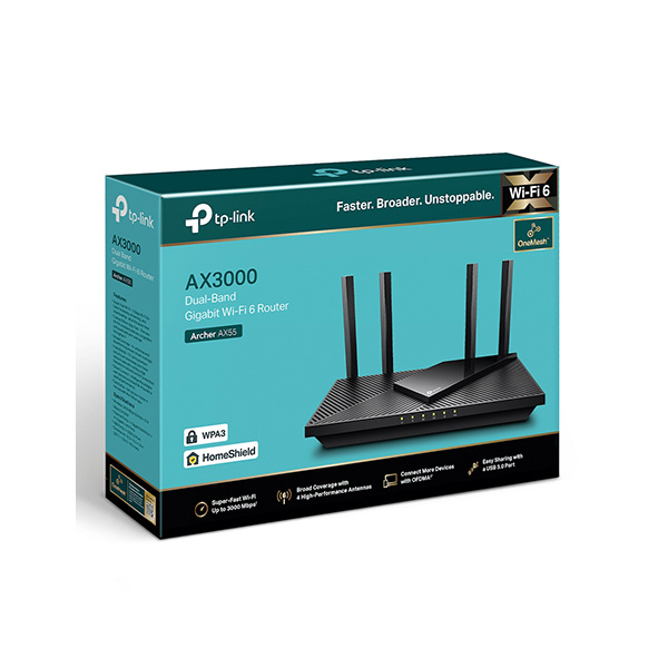 Bộ phát wifi 6 TP-Link Archer AX55 (Chuẩn AX/ AX3000Mbps/ 4 Ăng-ten ngoài/ Wifi Mesh/ 35 User)