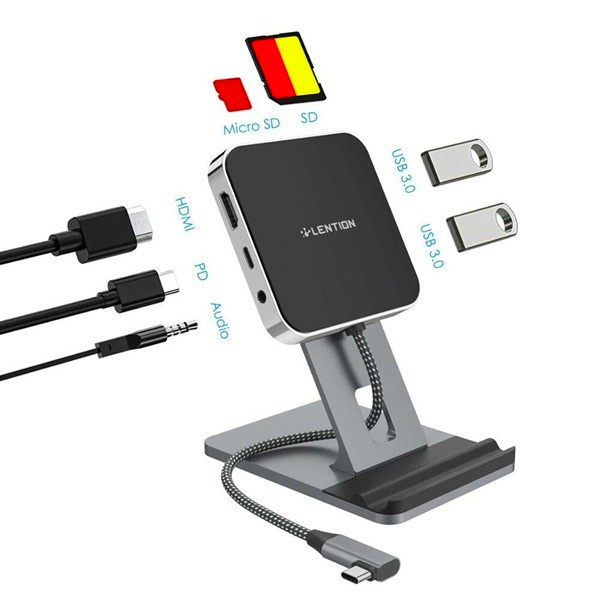 Bộ chuyển Lention D42HACR-GR USB-C 7 trong 1 USB Type-C sang  HDMI, 2 cổng USB3.0, 3.5 mm, SD card và cổng sạc PD (có chân đế)