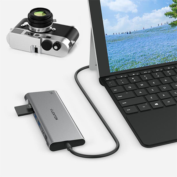 Bộ chuyển Lention C37HACR-1M-GR USB-C 8 trong 1 USB Type-C sang HDMI, USB Type - C, 2 cổng USB3.0, 3.5mm, SD card và cổng sạc PD (dài 1m)