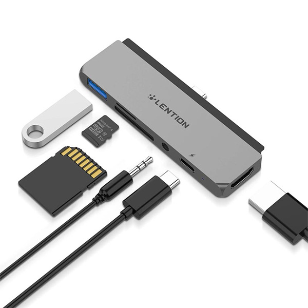 Bộ chuyển Lention CS17 USB-C 6 trong 1 USB Type-C sang HDMI, USB 3.0, 3.5mm, SD card, cổng sạc PD (Màu xám)
