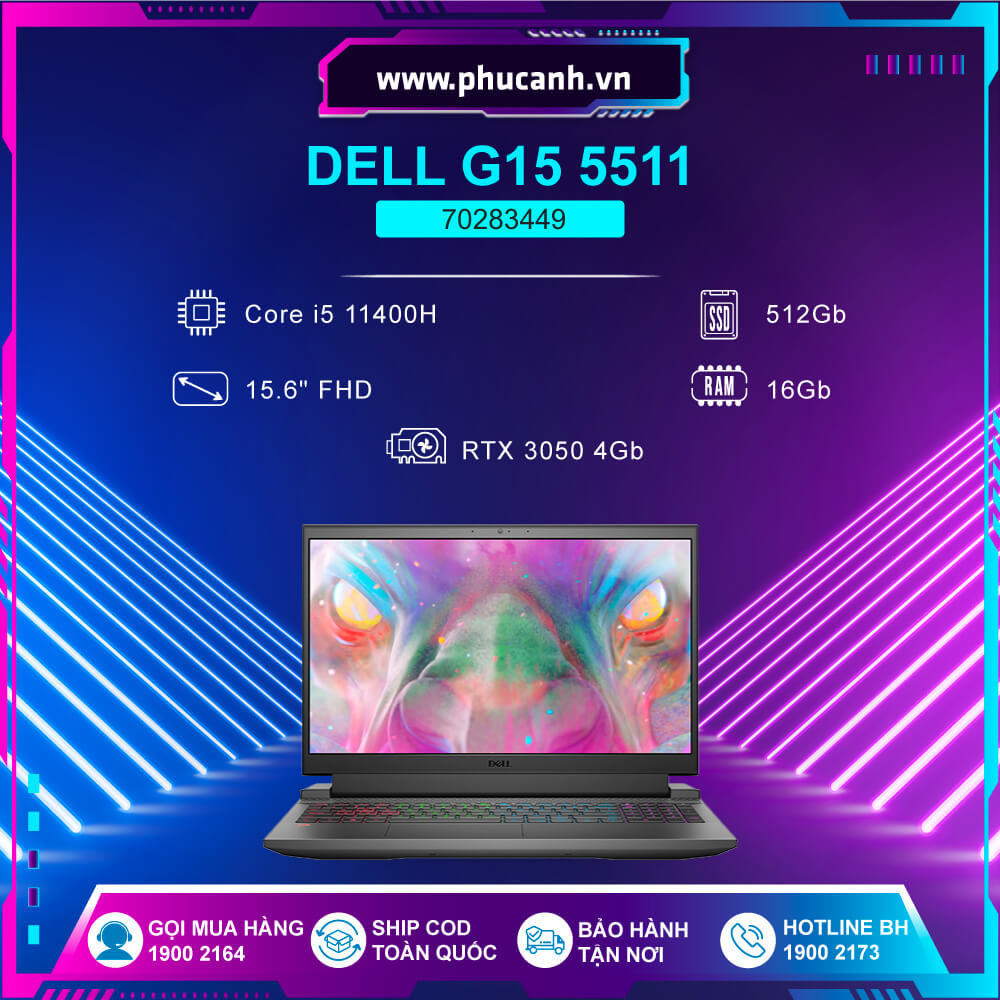 Máy tính xách tay Dell G series Gaming G15 5511 70283449 (Core i5 11400H/ 16GB/ 512GB SSD/ Nvidia GeForce RTX 3050 4Gb GDDR6/ 15.6inch Full HD/ Windows 11 Home/ Dark Shadow Grey/ Vỏ nhựa/1Y)
