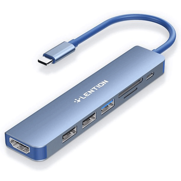 Bộ chuyển Lention CE18HCR USB-C 7 trong 1 USB Type-C sang HDMI, USB 3.0, 2 cổng USB 2.0, SD card, cổng sạc PD (Màu xanh)