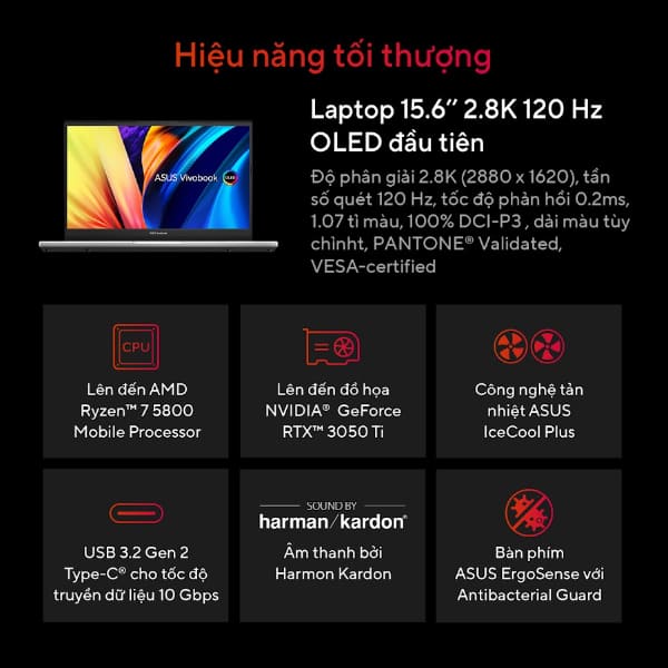Laptop Asus Vivobook Pro 15 M6500RC-MA004W (Ryzen 7 6800H/ 16GB/ 512GB SSD/ Nvidia GeForce RTX 3050 4Gb GDDR6/ 15.6inch/ Windows 11 Home/ Silver/ Vỏ nhôm)