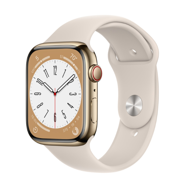 Đồng hồ thông minh Apple Watch Series 8 (45mm/ LTE/ Viền Thép/ Dây Cao Su/ Starlight/ MNKM3VN/A)