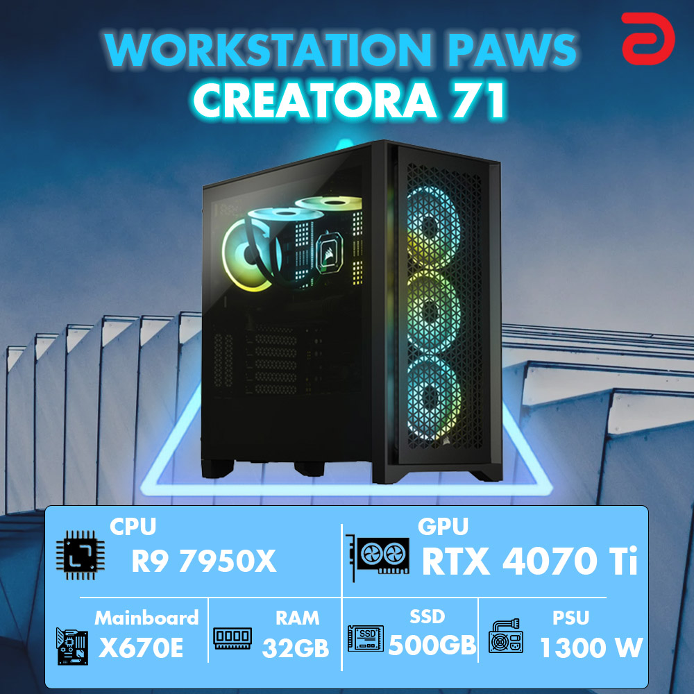 Máy trạm Workstation PAWS CREATOR R9/X670/32G/512G/RTX4070TI (AMD Ryzen 9 7950X 5.7Ghz-64Mb/ 512GB/ RTX 4070Ti 12GB/ DOS)