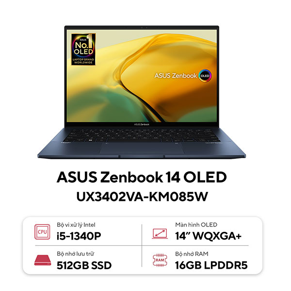 Laptop Asus Zenbook UX3402VA-KM085W (Core i5 1340P/ 16GB/ 512GB SSD/ Intel Iris Xe Graphics/ 14.0inch WUXGA+/ Windows 11 Home/ Blue/ Vỏ nhôm/ Túi Sleeve, USDB-A to RJ45)