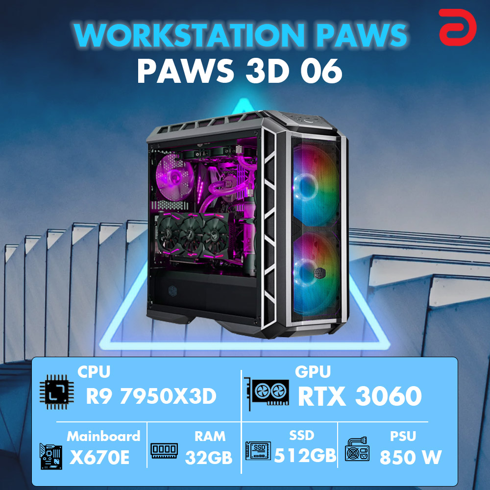 Máy trạm Workstation PAWS 3D 06 -7950X3D/X670/32G/512Gb/RTX3060 (7950X3D 5.7Ghz-128Mb/ 512GB/ RTX 3060 8GB/ DOS)