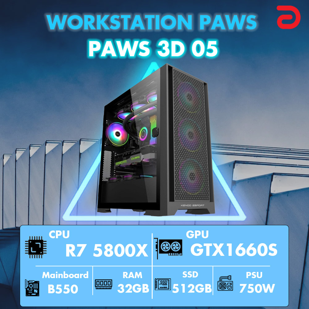 Máy trạm Workstation PAWS 3D 05 -5800X/B550/32G/512Gb/GTX1660S (AMD Ryzen 7 5800X 4.7Ghz-36Mb/ 512GB/ GTX 1660S 6Gb/ DOS)