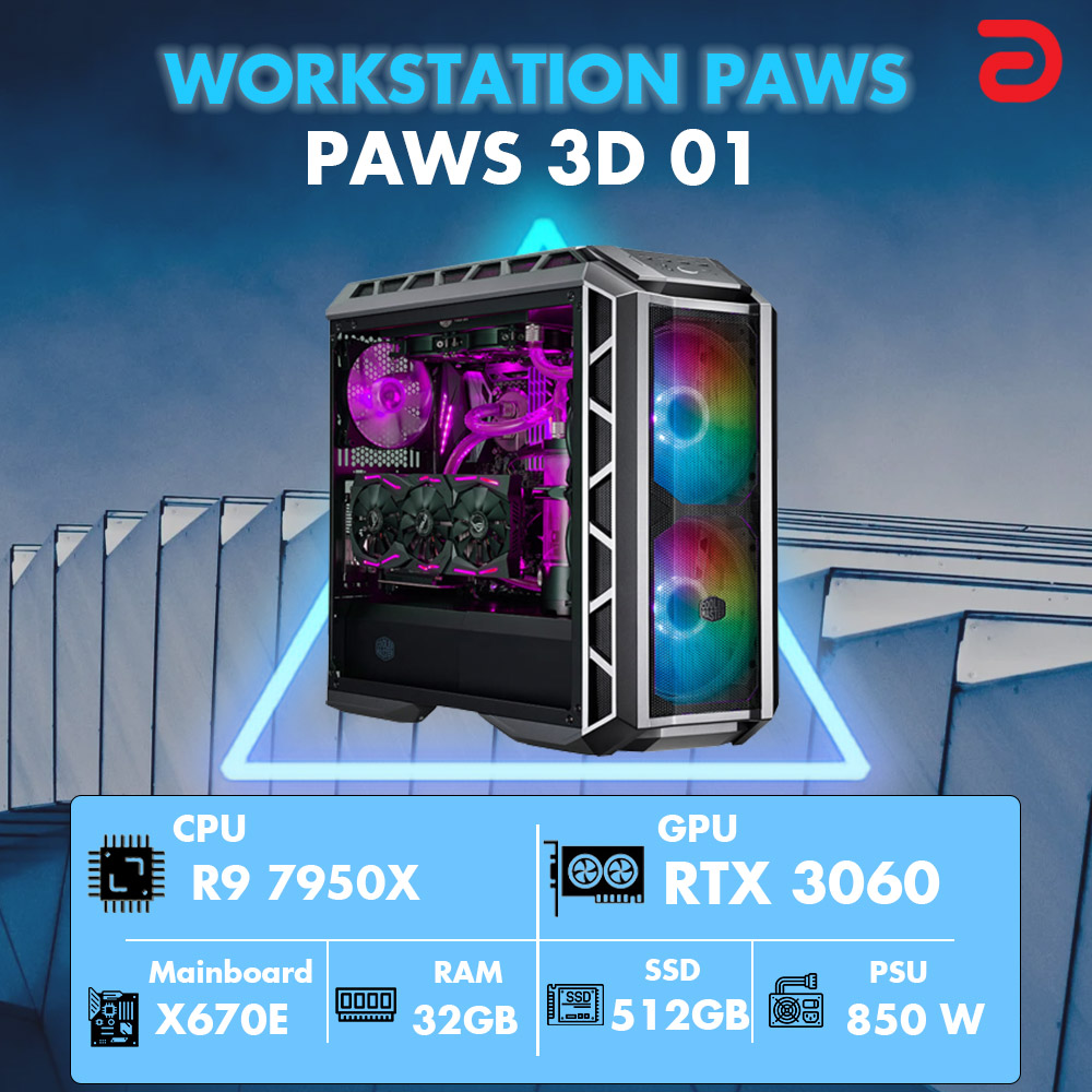 Máy trạm Workstation PAWS 3D 01 -7950X/X670/32G/512Gb/RTX3060 (AMD Ryzen 9 7950X 5.7Ghz-64Mb/ 512GB/ RTX 3060 8GB/ DOS)
