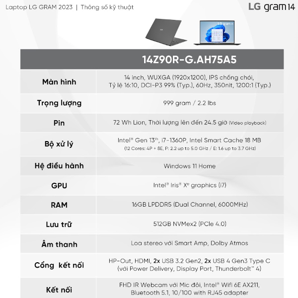 Laptop LG Gram 14Z90R-G.AH75A5 (i7 1360P/ 16GB/ 512GB SSD/14 inch WUXGA/Win11/ Black)