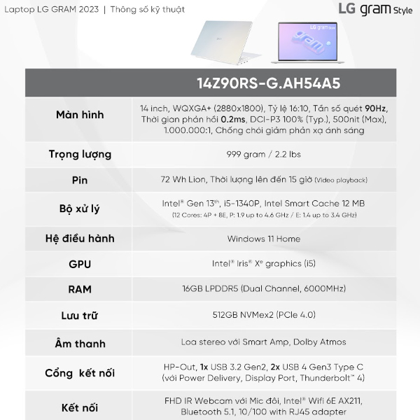 Laptop LG Gram 14Z90RS-G.AH54A5 (i5 1340P/ 16GB/ 512GB SSD/14 inch WQXGA/Win11/ White)