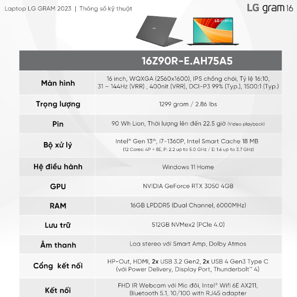 Laptop LG Gram 2023 16Z90R-E.AH75A5 (Core i7 1360P/ 16GB/ 512GB SSD/ Nvidia GeForce RTX 3050 4Gb GDDR6/ 16.0inch WQXGA/ Windows 11 Home/ Black)