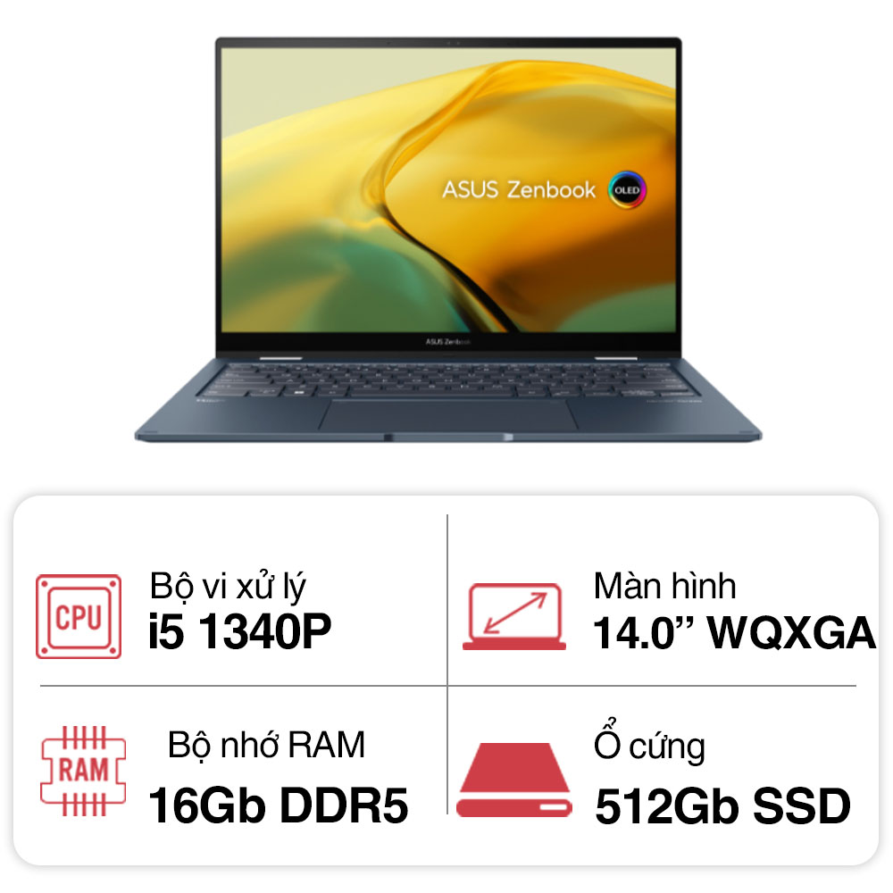 Laptop Asus Zenbook Flip UP3404VA-KN038W (i5 1340P/ 16GB/ 512GB SSD/14 inch WQXGA Touch/Win11/ Blue/ Vỏ nhôm)