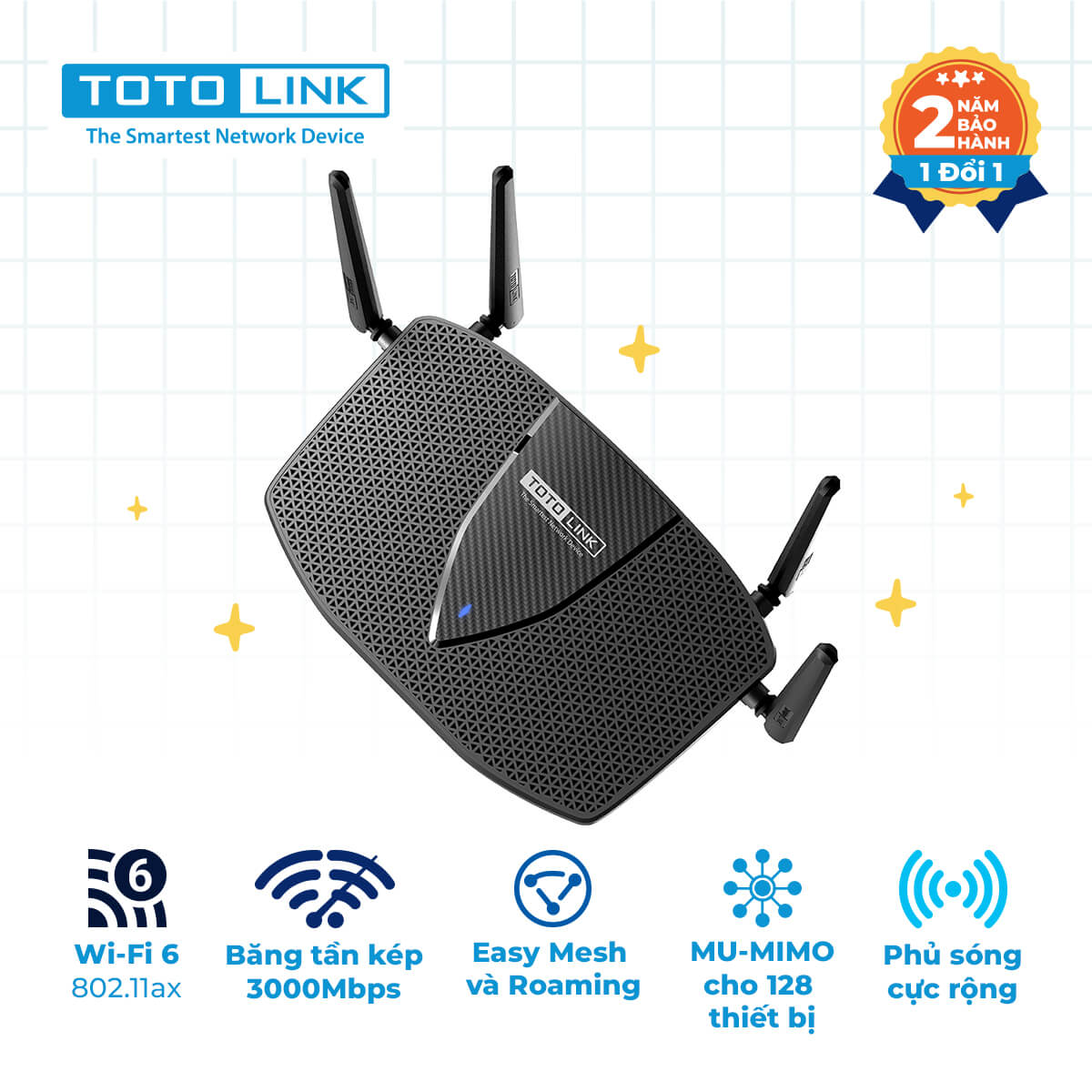 Bộ phát wifi 6 Totolink X6000R MU-MIMO (Chuẩn AX/ AX3000Mbps/ 4 Ăng-ten ngoài/ Wifi Mesh/ Dưới 100 User)