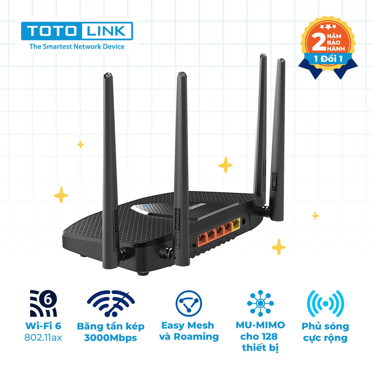 Bộ phát wifi 6 Totolink X6000R MU-MIMO (Chuẩn AX/ AX3000Mbps/ 4 Ăng-ten ngoài/ Wifi Mesh/ Dưới 100 User)