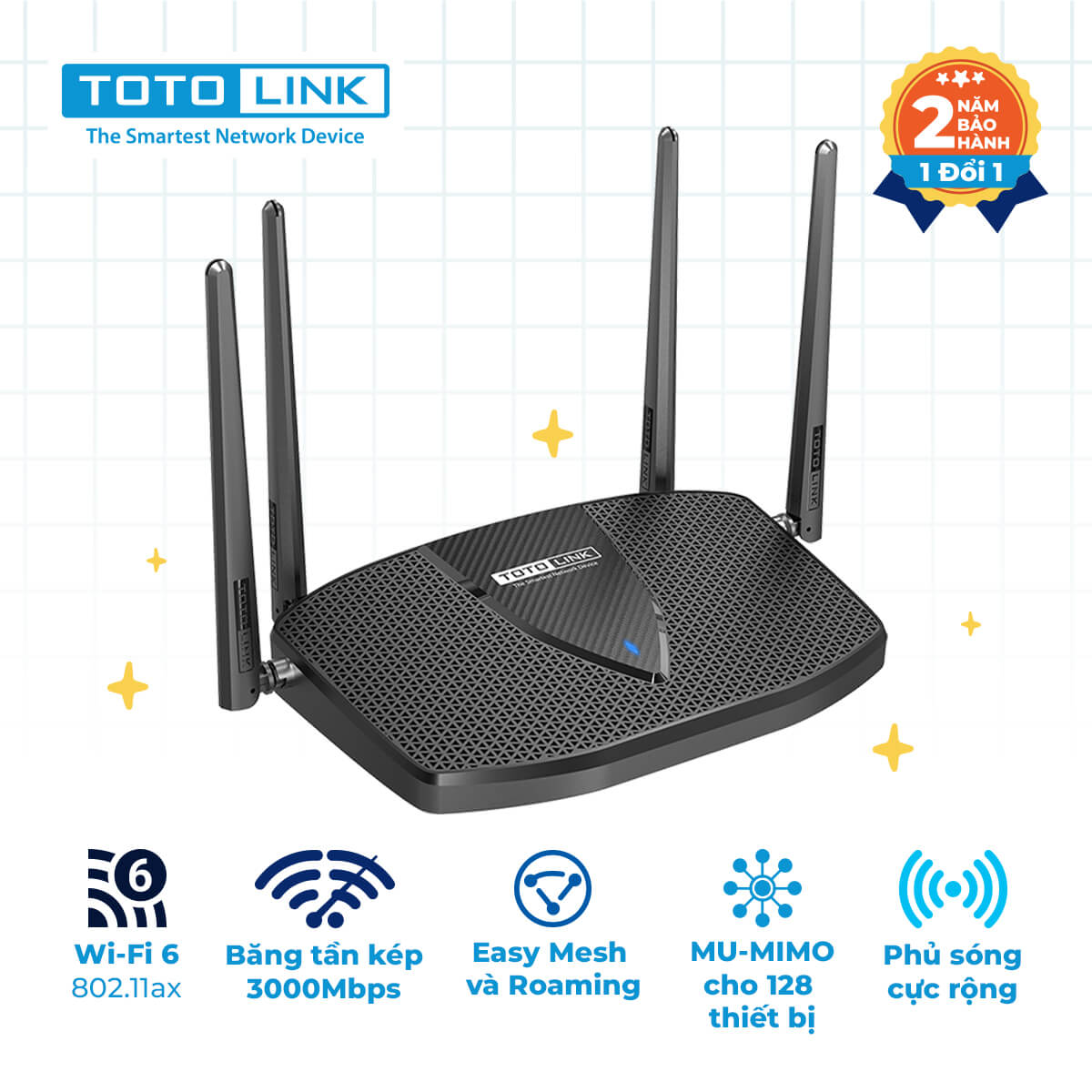 Bộ phát wifi 6 Totolink X6000R MU-MIMO (Chuẩn AX/ AX3000Mbps/ 4 Ăng-ten ngoài/ Wifi Mesh/ Dưới 100 User)
