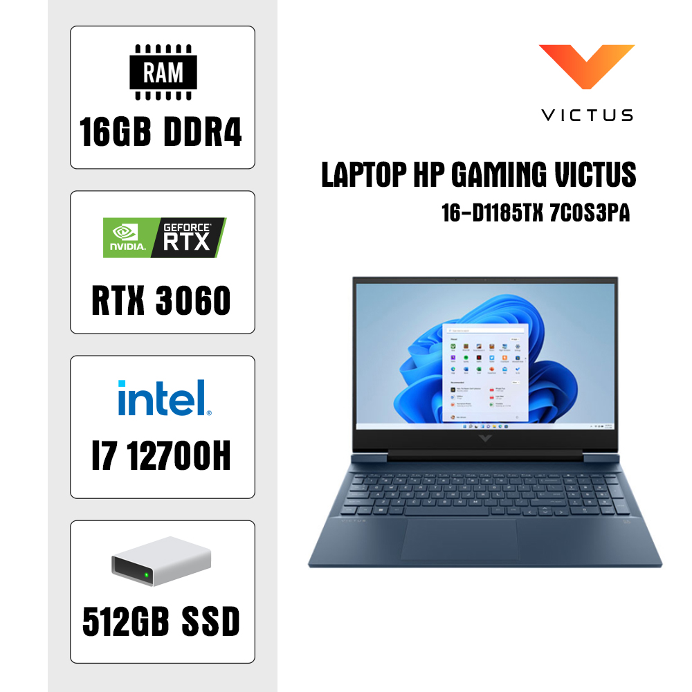 Laptop HP Gaming Victus 16-d1185TX 7C0S3PA (Core i7 12700H/ 16GB/ 512GB SSD/ Nvidia GeForce RTX 3060 6GB GDDR6/ 16.1inch FHD/ Windows 11 Home/ Blue)