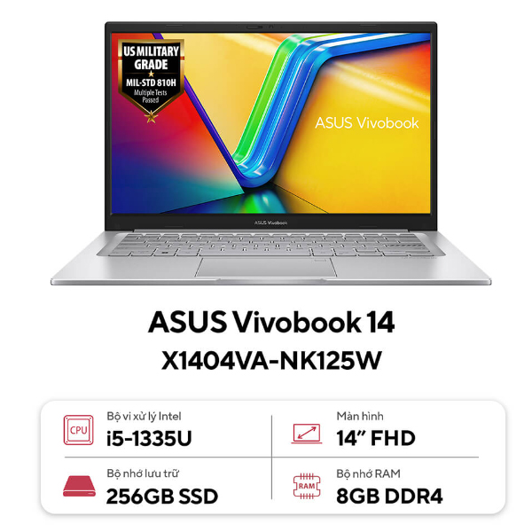Laptop Asus Vivobook 14 X1404VA-NK125W (Core i5 1335U/ 8GB/ 256GB SSD/ Intel UHD Graphics/ 14.0inch Full HD/ Windows 11 Home/ Silver/ Vỏ nhựa)