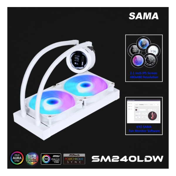 Tản nhiệt nước AIO Sama SM240LDW White (2 Fan 12cm ARGB, Màn Hình LCD )