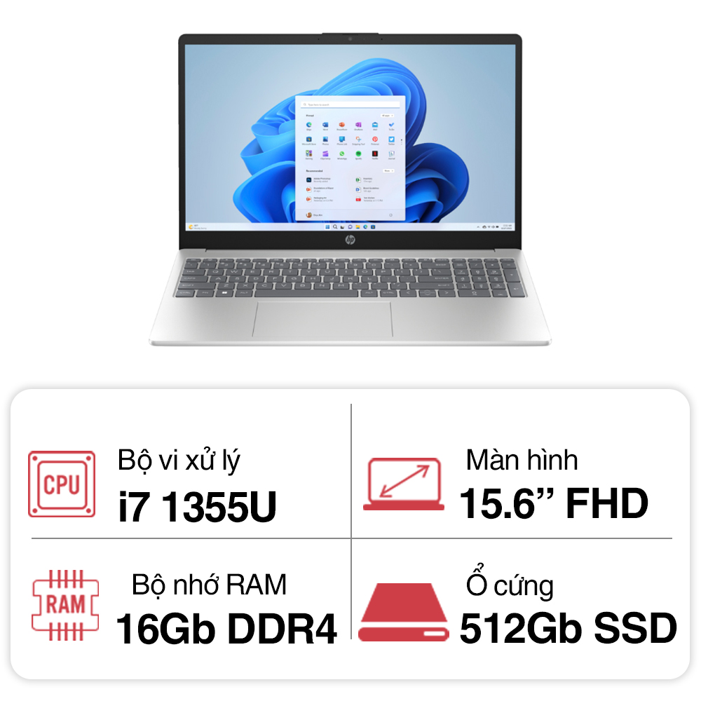 Laptop HP 15 fd0083TU 8D736PA (i7 1355U/ 16GB/ 512GB SSD/15.6 inch FHD/Win11/ Bạc)