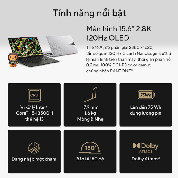 Laptop Asus Vivobook S 15 OLED BAPE Edition S5504VA-MA291W (i5 13500H/ 16GB/ 512GB SSD/15.6 inch WQHD/ 120Hz/ Win11/ Black/ Vỏ nhôm)
