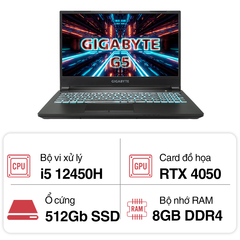 Laptop Gigabyte Gaming G5 MF F2PH333SH (i5 12450H/ 8GB/ 512GB SSD/ RTX 4050 6GB/ 15.6 inch FHD/ 144Hz/ Win11/ Black/2Y)
