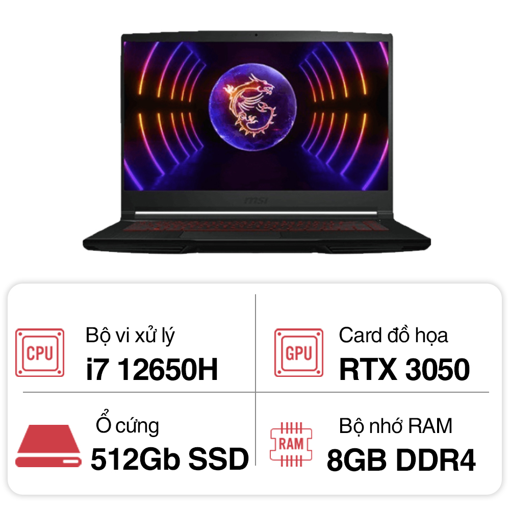 Laptop MSI Gaming GF63 Thin GF63 12UC 887VN (Core i7 12650H/ 8GB/ 512GB SSD/ Nvidia GeForce RTX 3050 4Gb GDDR6/ 15.6inch Full HD/ Windows 11 Home/ Black/ Vỏ nhựa)