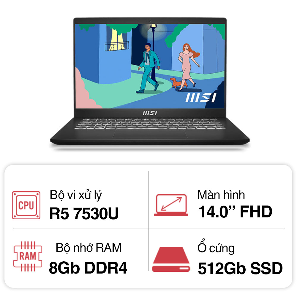 Laptop MSI Modern 14 C7M-220VN (R5 7530U/ 8GB/ 512GB SSD/14 inch FHD/Win11/ Black)