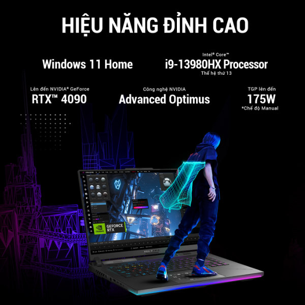 Laptop Asus Gaming ROG Strix SCAR 18 G834JY-N6039W (Core i9-13900HX/ 64GB/ 2TB SSD/ Nvidia GeForce RTX 4090 16GB GDDR6/ 18.0inch WQXGA/ Windows 11 Home/ Black/ Vỏ nhôm)