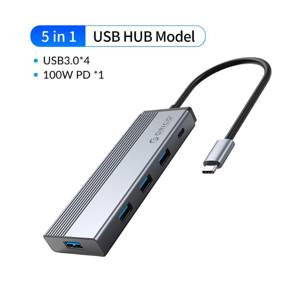 Cáp chuyển đổi 5 trong 1 Orico 5SXA-GY từ USB Type-C sang 4 cổng USB 3.0, 1 cổng sạc PD