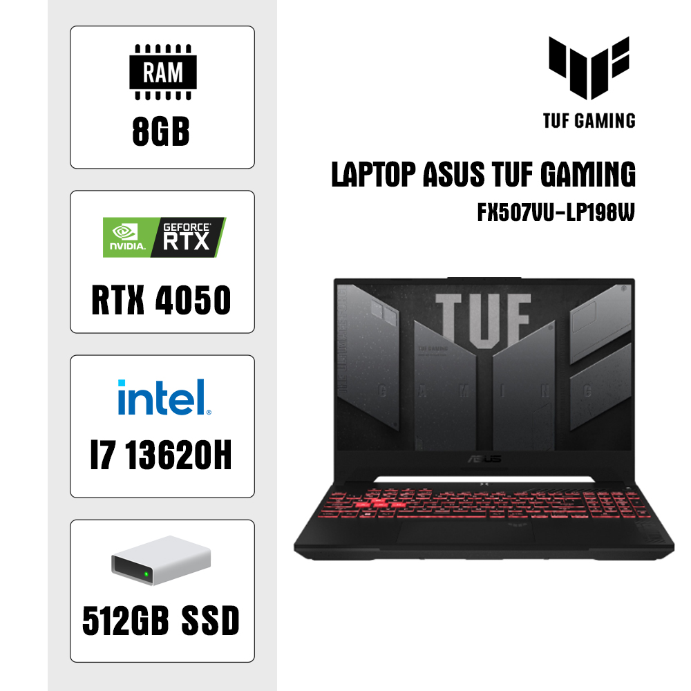 Laptop Asus TUF Gaming F15 FX507VU-LP198W (i7 13620H/ 8GB/ 512GB SSD/ RTX 4050 6GB/ 15.6 inch FHD/ 144Hz/ Win11/ Grey)