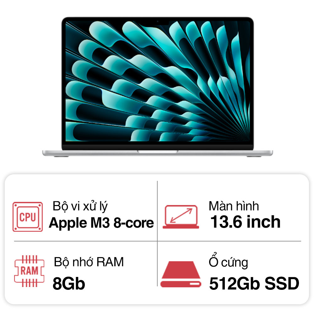Laptop Apple Macbook Air MRXR3SA/A (Apple M3 8 Core CPU/ 8GB/ 512GB/ 10 core GPU/ Silver)