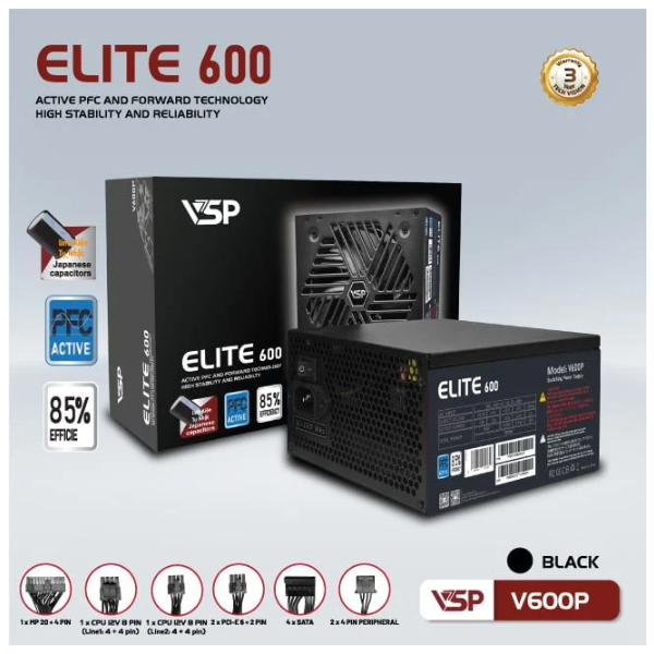 Nguồn máy tính VSP ELITE ACTIVE PFC V600P Đen