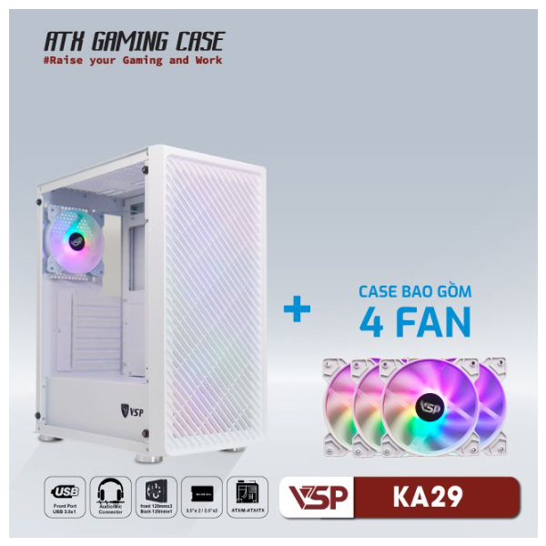 Vỏ máy tính VSP KA29 Trắng (kèm 4 fan LED)