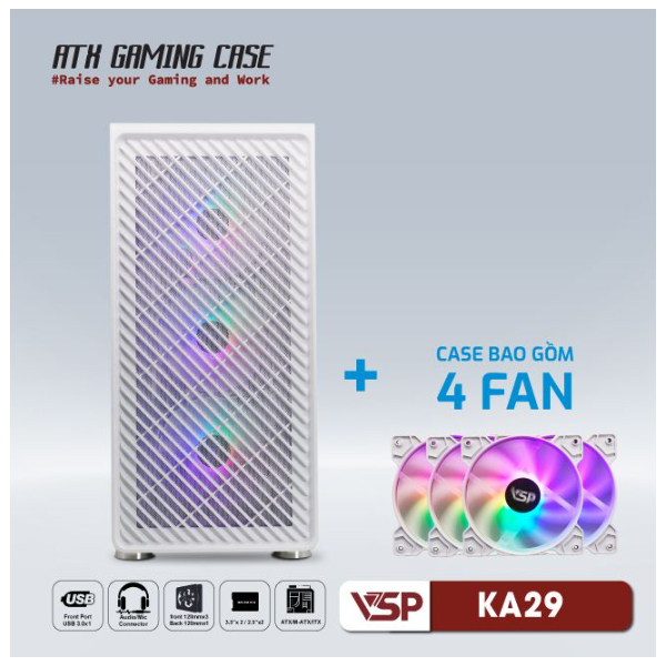 Vỏ máy tính VSP KA29 Trắng (kèm 4 fan LED)