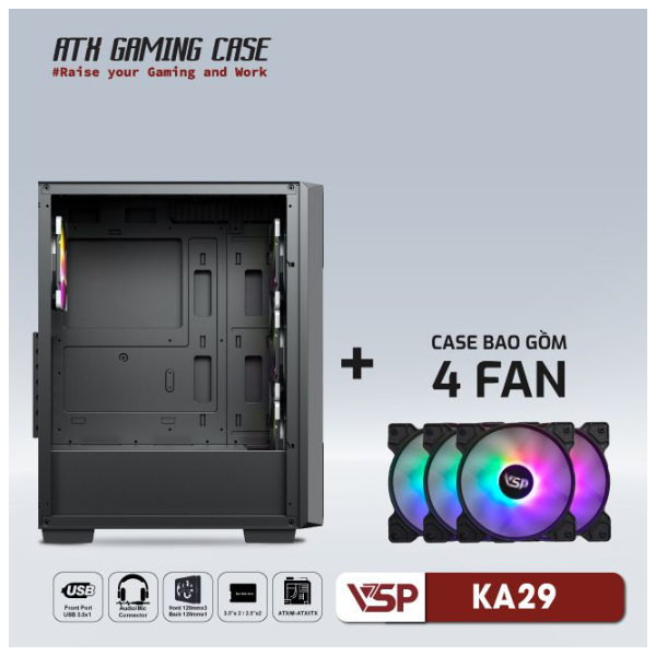 Vỏ máy tính VSP KA29 Đen (kèm 4 fan LED)